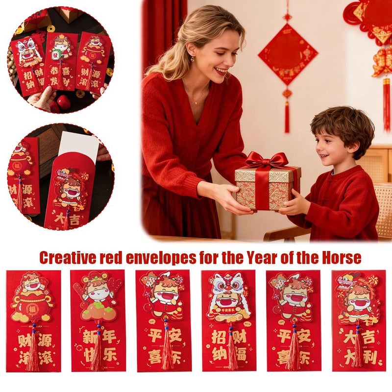 6 Pcs Chinese New Year Red Envelopes 2026 Bulk, Year Of The HorseYear Fengshui Lucky Money Pockets Cash Envelopes for Chinese Lunar NewYear 2026 & Spring Festival Party Decor - Image 2